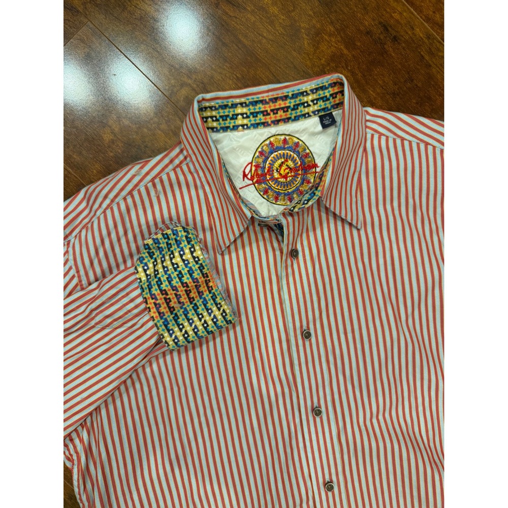 Robert Graham Mens Red Blue Striped Herringbone Button Down Shirt Large L